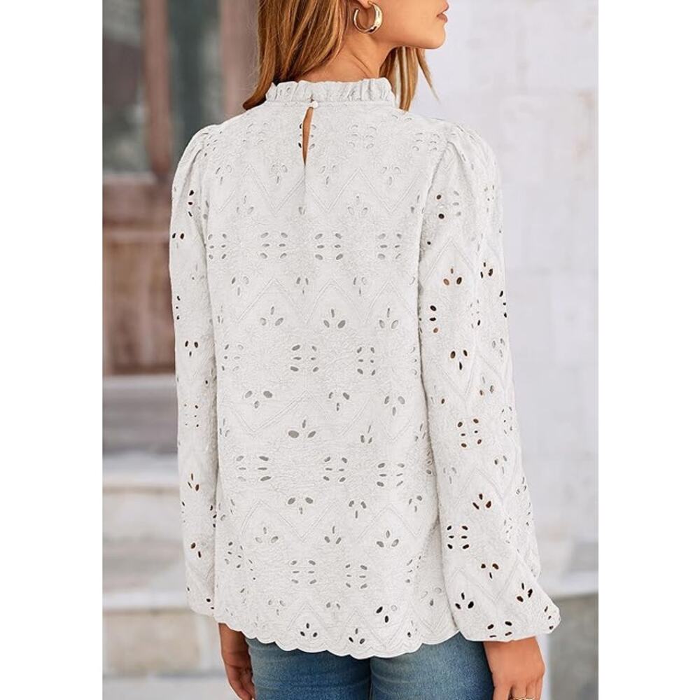 New Medium Long Sleeve, Embroidered Eyelet Dressy Casual Cotton Blouse - Picture 2 of 4